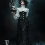 Corset sous-poitrine noir gothique à fermoirs métalliques (vue plain pied) Corset sous-poitrine noir gothique à fermoirs métalliques