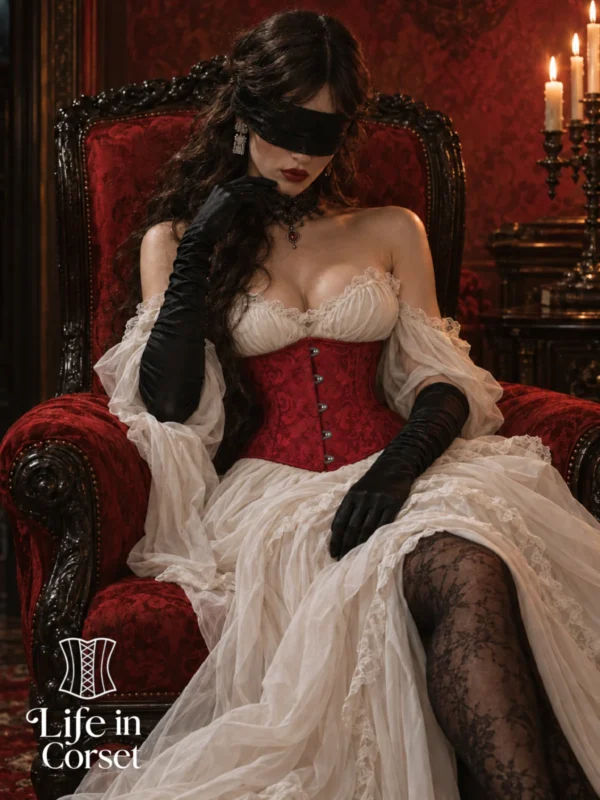 Corset sous-poitrine rouge rubis à motifs baroques