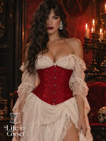 Corset sous-poitrine rouge rubis à motifs baroques (vue de face) Corset sous-poitrine rouge rubis à motifs baroques