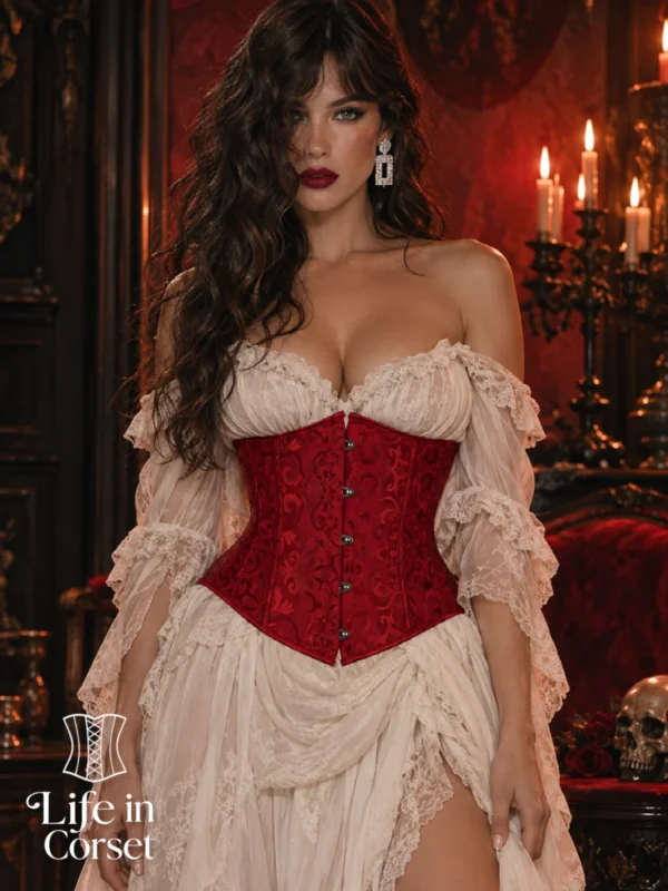 Corset sous-poitrine rouge rubis à motifs baroques