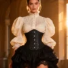 Corset underbust noir à motifs baroques (1) Corset underbust noir à motifs baroques