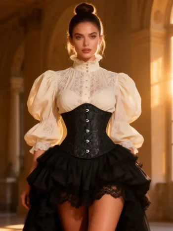 Corset underbust noir à motifs baroques (1) Corset underbust noir à motifs baroques