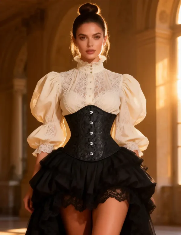 Corset underbust noir à motifs baroques (1) Corset underbust noir à motifs baroques