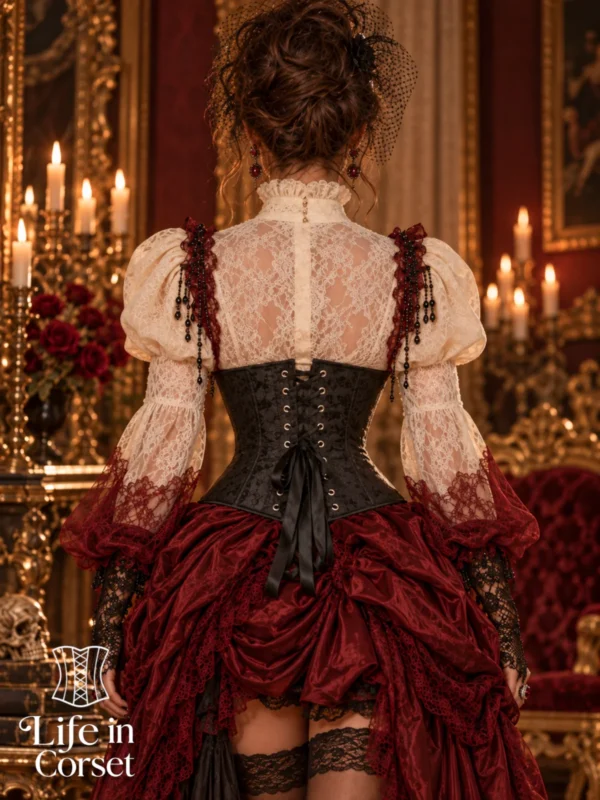 Corset underbust noir à motifs baroques (vue de dos) Corset underbust noir à motifs baroques
