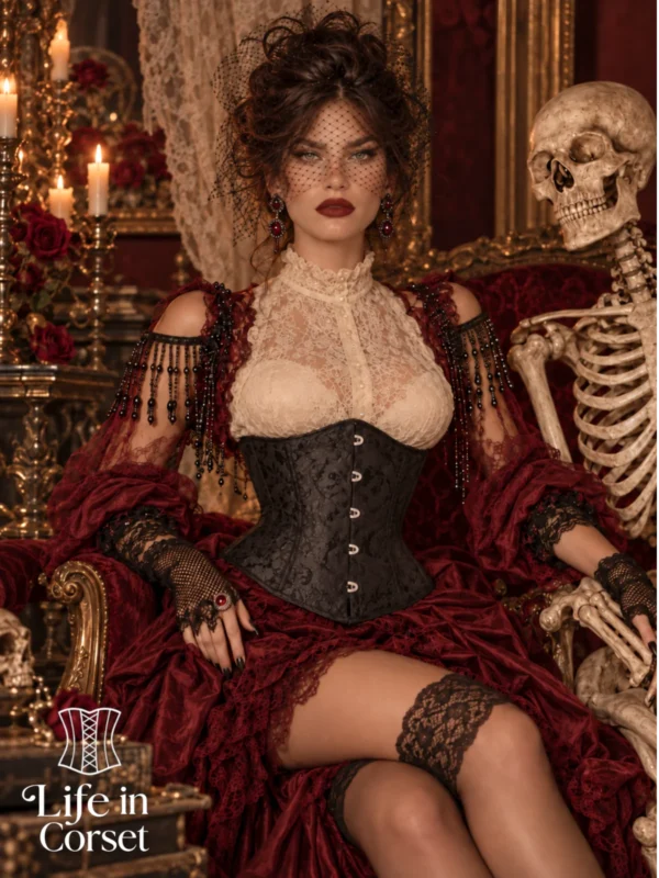 Corset underbust noir à motifs baroques (vue de face) Corset underbust noir à motifs baroques