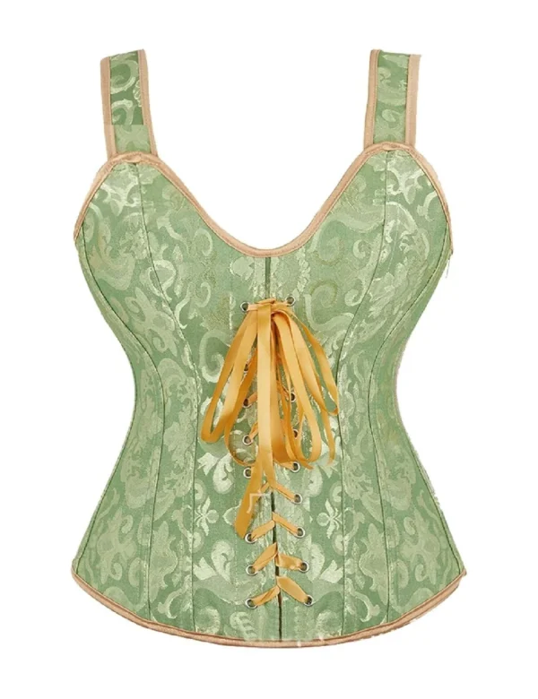 Corset vert sauge à bretelles et laçage doré