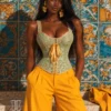 Corset vert sauge à bretelles et laçage doré 2 Corset vert sauge à bretelles et laçage doré