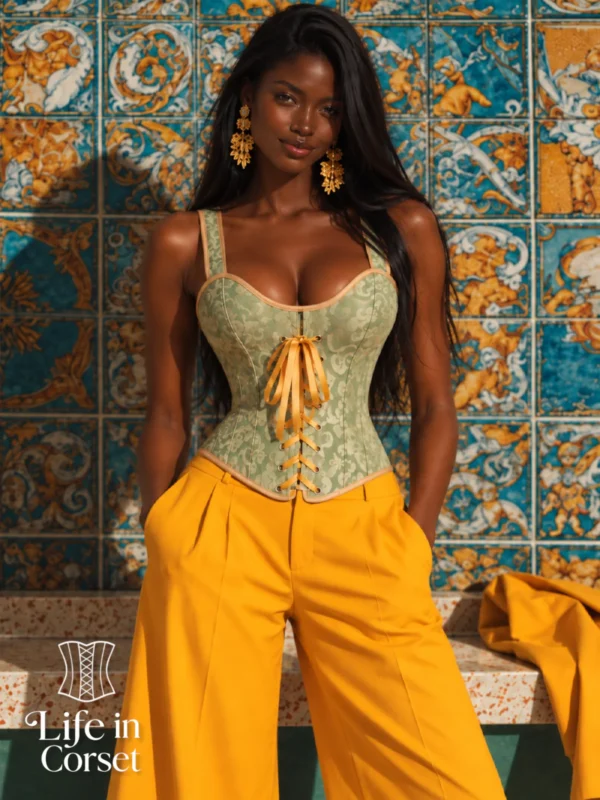 Corset vert sauge à bretelles et laçage doré 2 Corset vert sauge à bretelles et laçage doré