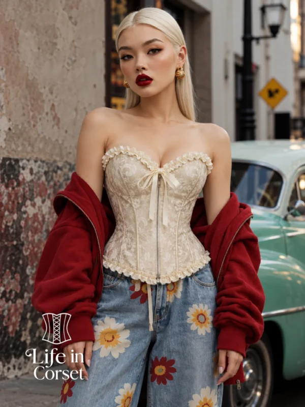 Corset victorien zippé ivoire à motifs floraux (face) Corset victorien zippé ivoire à motifs floraux