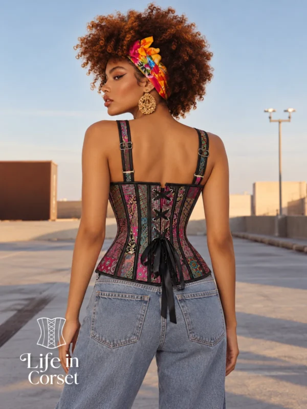 Corset violet à bretelles motifs orientaux