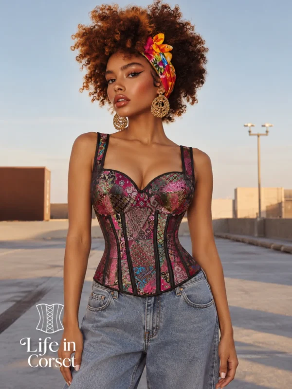 Corset violet à bretelles motifs orientaux