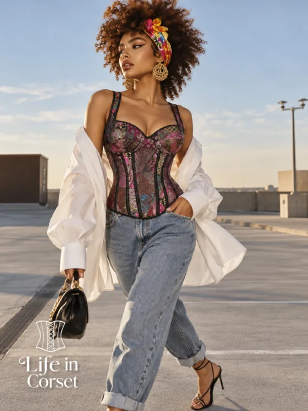 Corset violet à bretelles motifs orientaux
