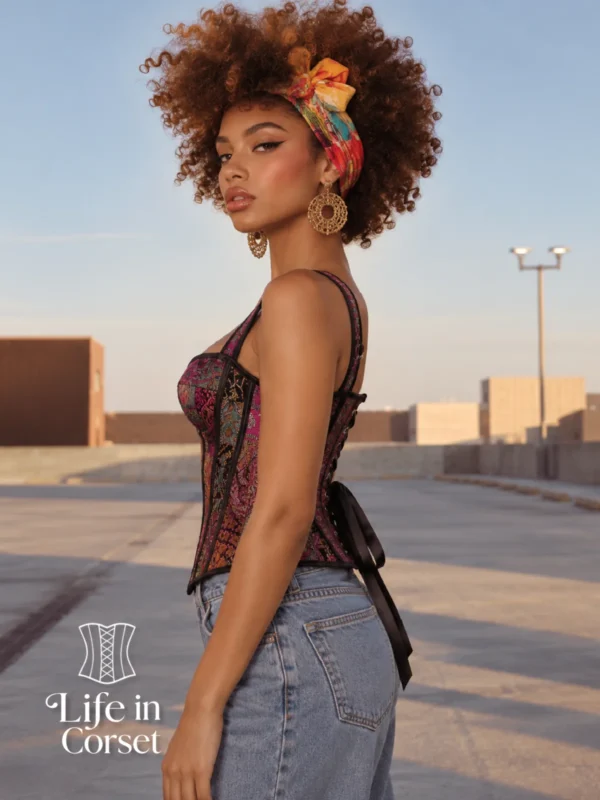 Corset violet à bretelles motifs orientaux