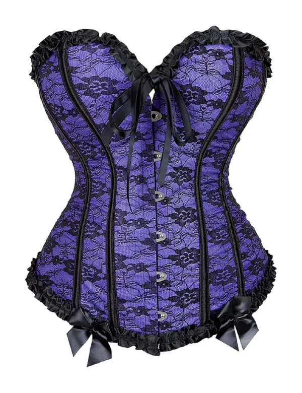 Corset violet royal à dentelle noire et nœuds satinés