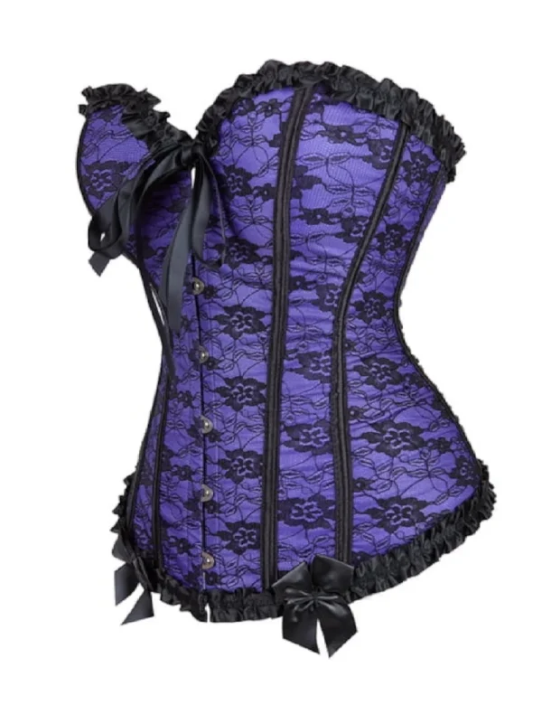 Corset violet royal à dentelle noire et nœuds satinés