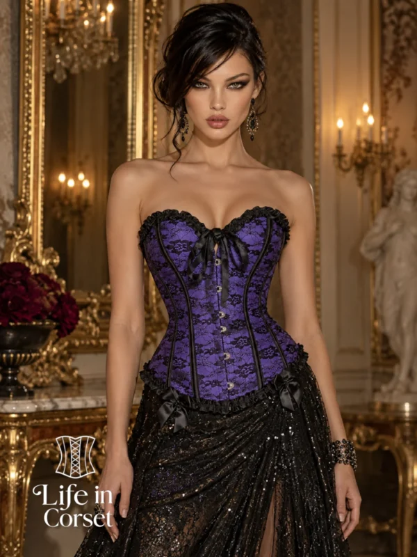 Corset violet royal à dentelle noire et nœuds satinés