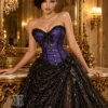 Corset violet royal à dentelle noire et nœuds satinés