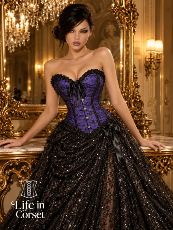 Corset violet royal à dentelle noire et nœuds satinés