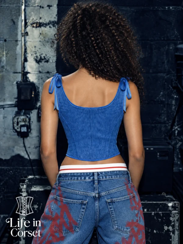 Bustier bleu en velours côtelé (vue de dos) Bustier bleu en velours côtelé