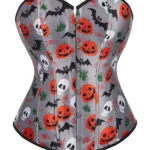 Corset Halloween gris satiné à motifs macabres (1) Corset Halloween gris satiné à motifs macabres