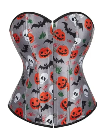 Corset Halloween gris satiné à motifs macabres (1) Corset Halloween gris satiné à motifs macabres