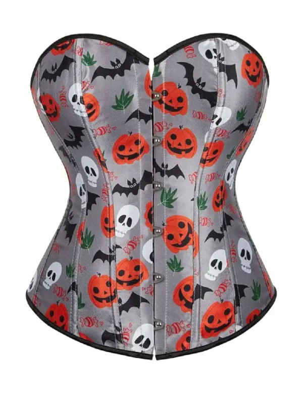Corset Halloween gris satiné à motifs macabres (1) Corset Halloween gris satiné à motifs macabres