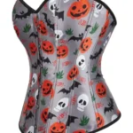 Corset Halloween gris satiné à motifs macabres (3) Corset Halloween gris satiné à motifs macabres