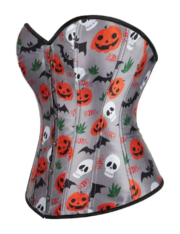 Corset Halloween gris satiné à motifs macabres (3) Corset Halloween gris satiné à motifs macabres