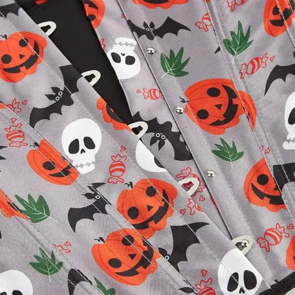 Corset Halloween gris satiné à motifs macabres (4) Corset Halloween gris satiné à motifs macabres