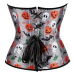 Corset Halloween gris satiné à motifs macabres (5) Corset Halloween gris satiné à motifs macabres