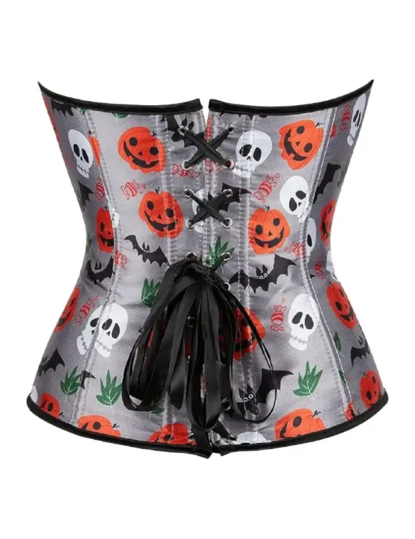 Corset Halloween gris satiné à motifs macabres (5) Corset Halloween gris satiné à motifs macabres