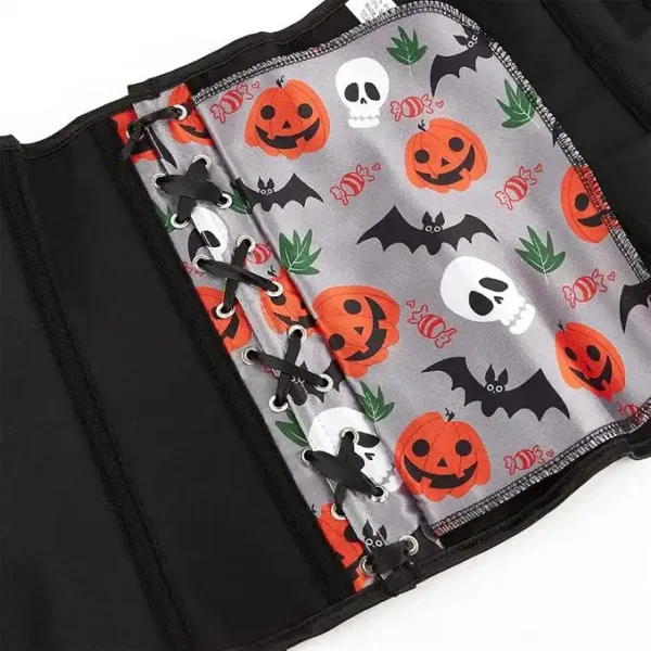 Corset Halloween gris satiné à motifs macabres (6) Corset Halloween gris satiné à motifs macabres