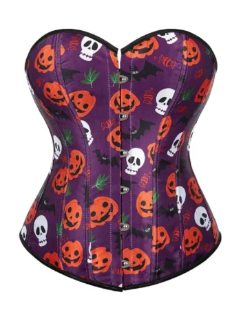 Corset Halloween violet à citrouilles et têtes de mort