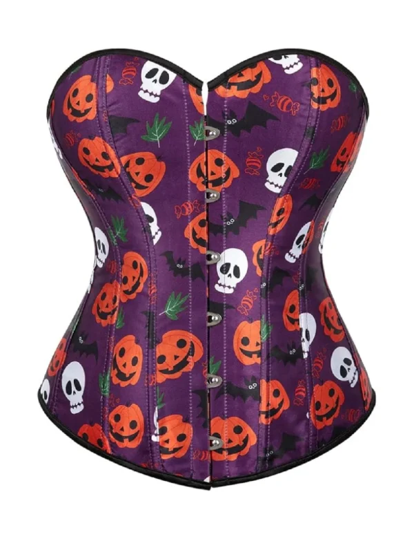 Corset Halloween violet à citrouilles et têtes de mort (1) Corset Halloween violet à citrouilles et têtes de mort