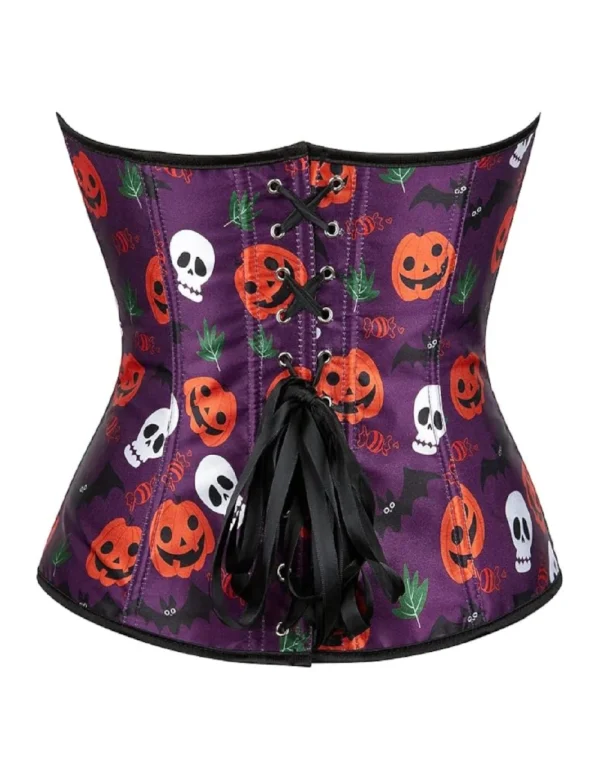 Corset Halloween violet à citrouilles et têtes de mort (2) Corset Halloween violet à citrouilles et têtes de mort
