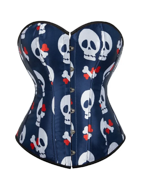 Corset pirate bleu à têtes de mort (1) Corset pirate bleu à têtes de mort