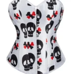 Corset satin blanc à os et têtes de mort (1) Corset satin blanc à os et têtes de mort