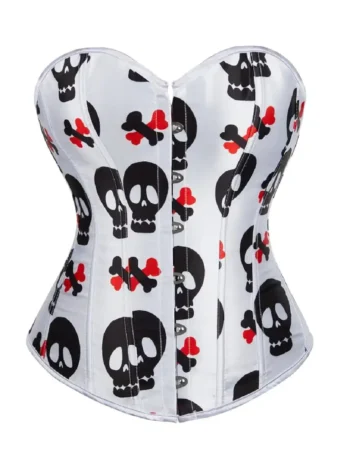 Corset satin blanc à os et têtes de mort (1) Corset satin blanc à os et têtes de mort