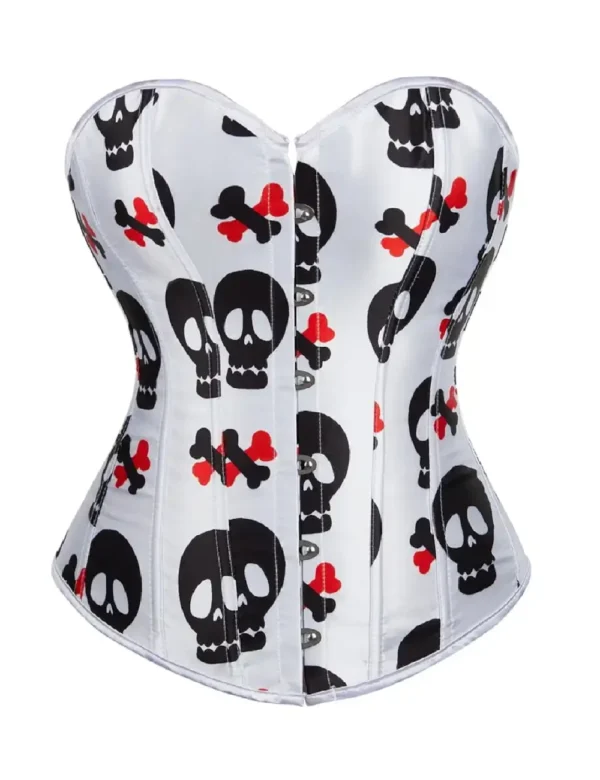 Corset satin blanc à os et têtes de mort (1) Corset satin blanc à os et têtes de mort