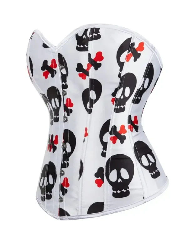 Corset satin blanc à os et têtes de mort (2) Corset satin blanc à os et têtes de mort