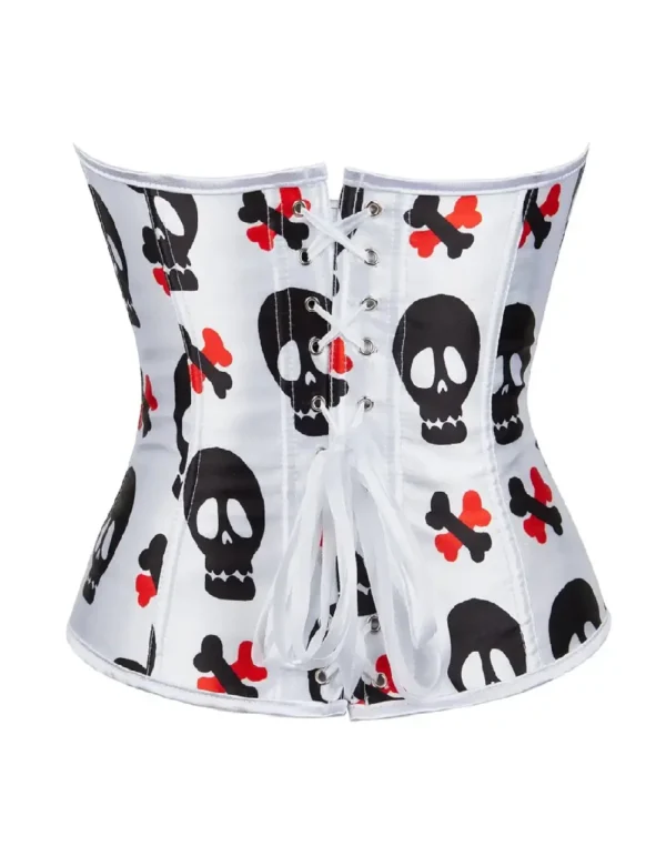 Corset satin blanc à os et têtes de mort (4) Corset satin blanc à os et têtes de mort