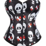 Corset satin noir à motifs crânes blancs (1) Corset satin noir à motifs crânes blancs