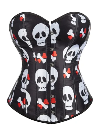Corset satin noir à motifs crânes blancs (1) Corset satin noir à motifs crânes blancs