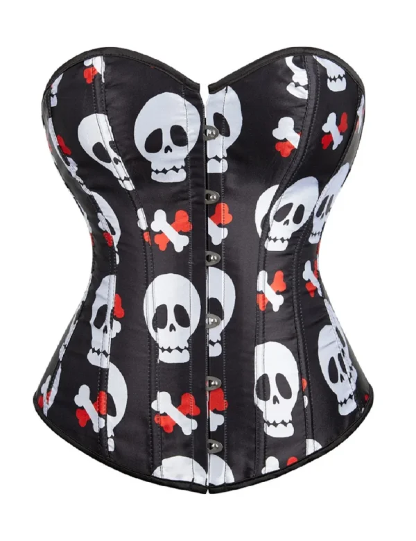 Corset satin noir à motifs crânes blancs (1) Corset satin noir à motifs crânes blancs