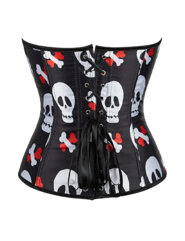 Corset satin noir à motifs crânes blancs (2) Corset satin noir à motifs crânes blancs