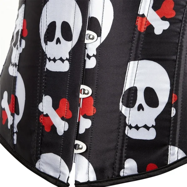 Corset satin noir à motifs crânes blancs (3) Corset satin noir à motifs crânes blancs