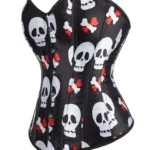 Corset satin noir à motifs crânes blancs (4) Corset satin noir à motifs crânes blancs