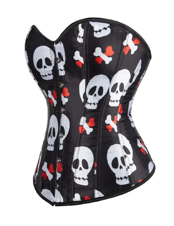 Corset satin noir à motifs crânes blancs (4) Corset satin noir à motifs crânes blancs