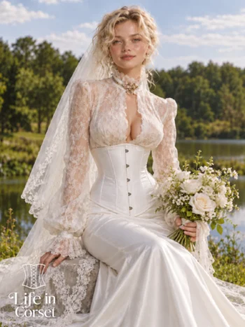 Corset serre-taille de mariée en satin blanc (vue de face) Corset serre-taille de mariée en satin blanc